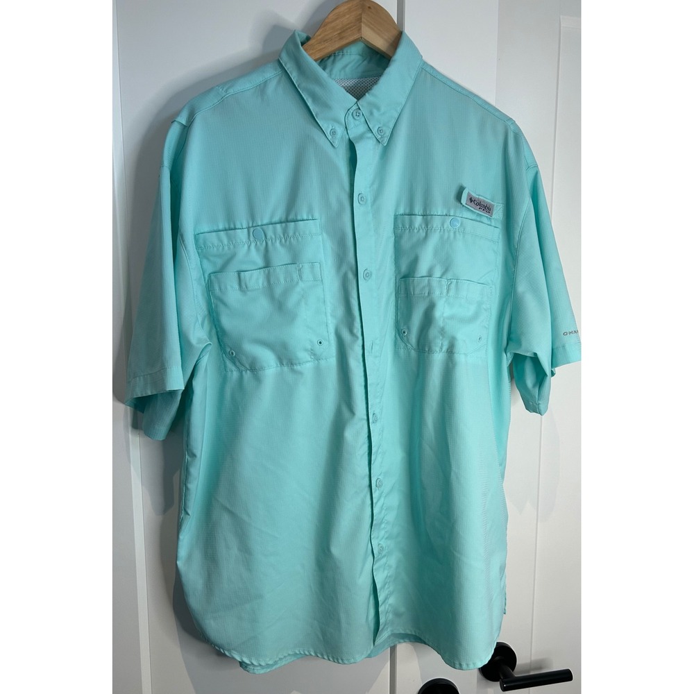 Columbia PFG omnishade  S/s Fishing‎ Shirt Aqua Blue FM7266 Mens Large